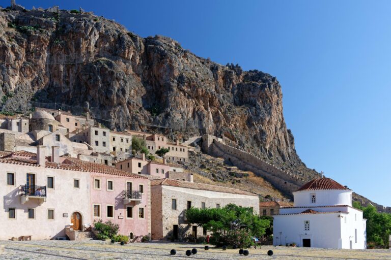 The medieval town of Monemvasia below its rock