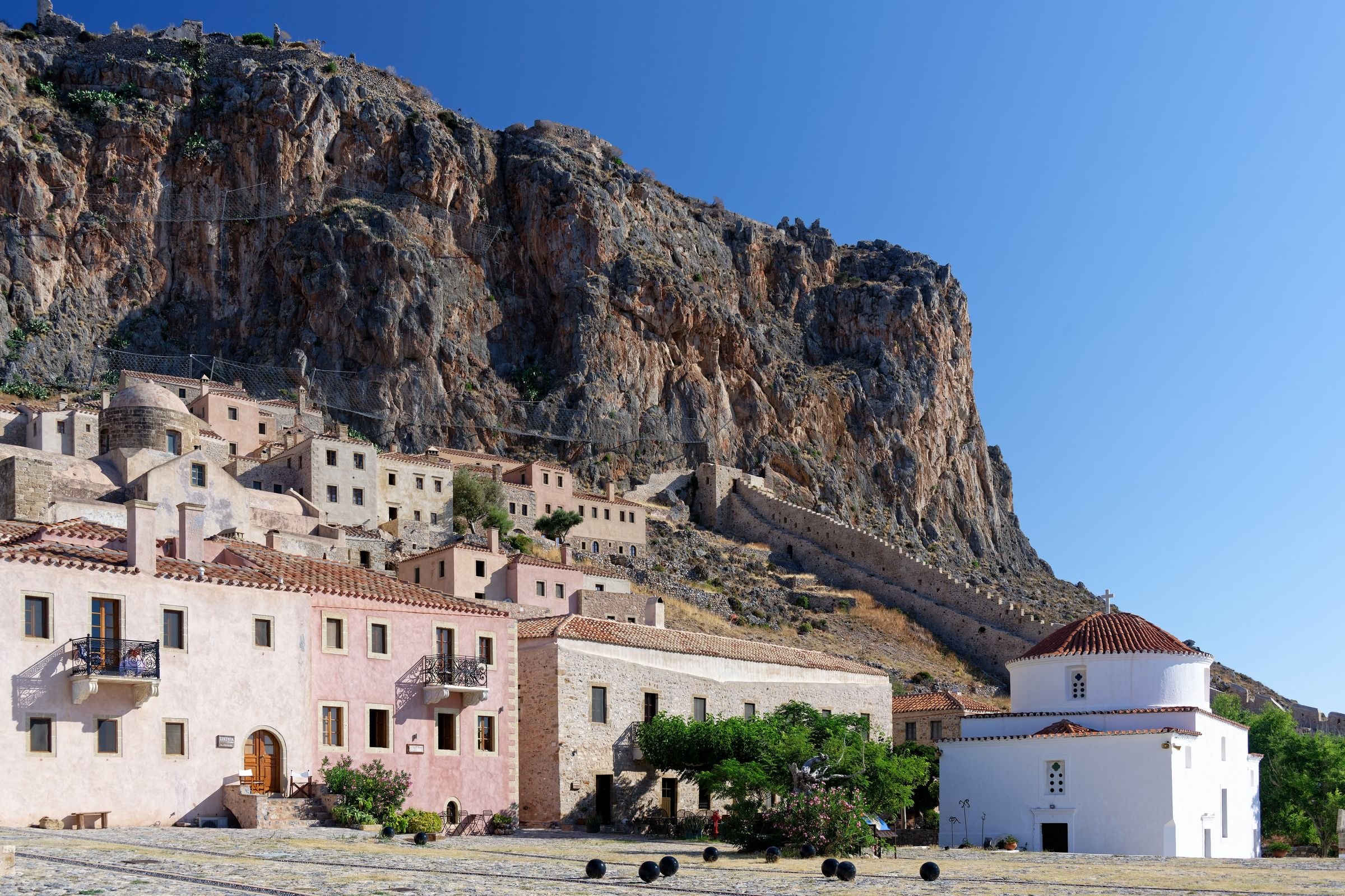 The medieval town of Monemvasia below its rock