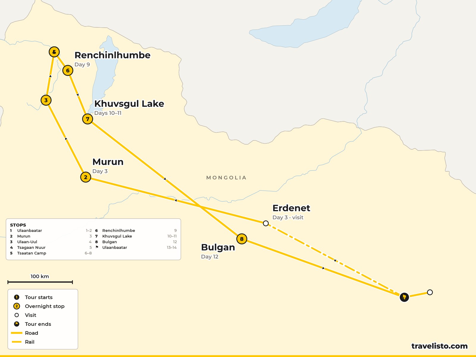 Map of the 14-day route from Ulaanbaatar by train to Erdenet, then to the taiga and Lake Khovsgol