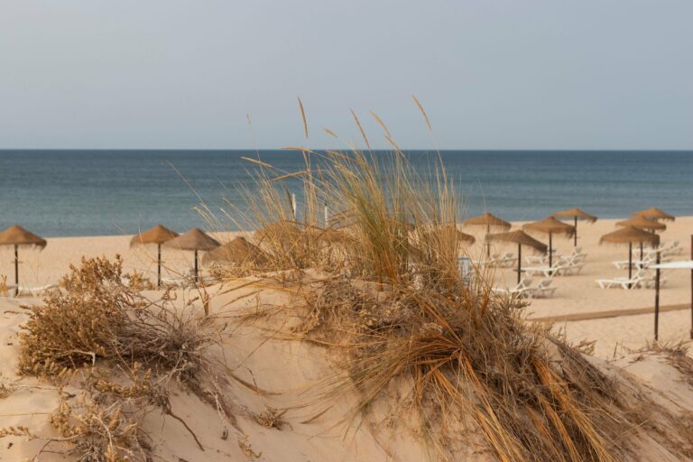 Straw parasols and dunes on Monte Gordo beach