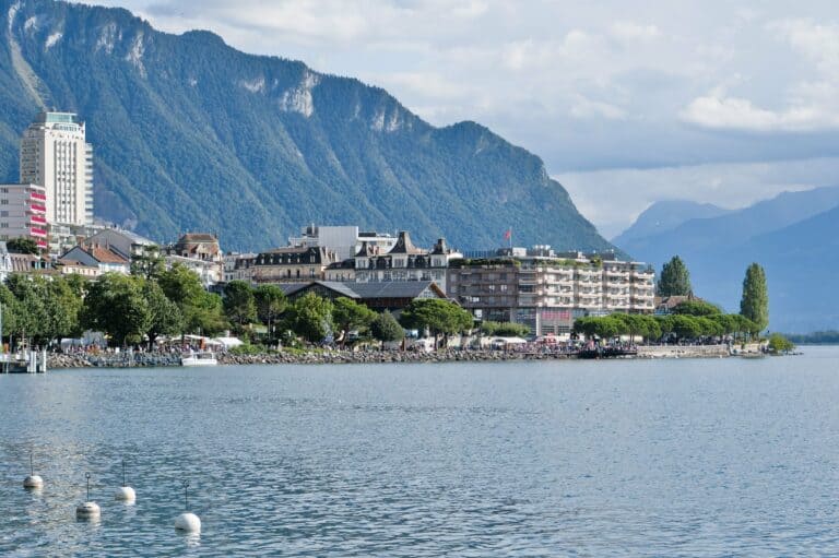 Montreux's waterfront on Lake Geneva with the Alps behind
