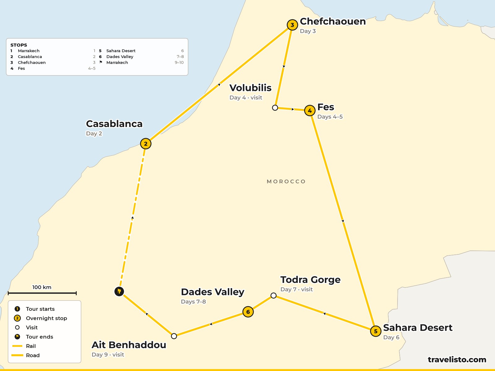 Map of the 10-day route from Marrakech to Casablanca, Chefchaouen, Fes, the Sahara, the Dades Valley and back