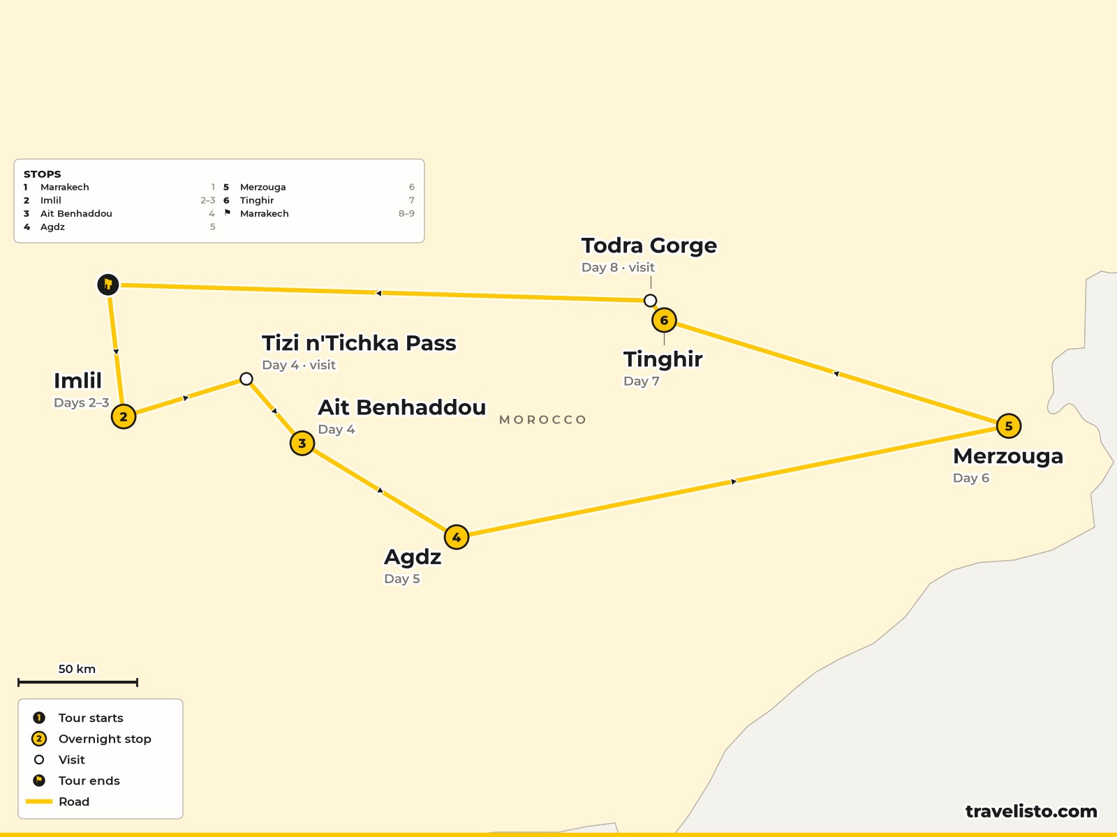 Map of the 9-day route from Marrakech to Imlil, Ait Benhaddou, Agdz, Merzouga, the Todra Gorge and back