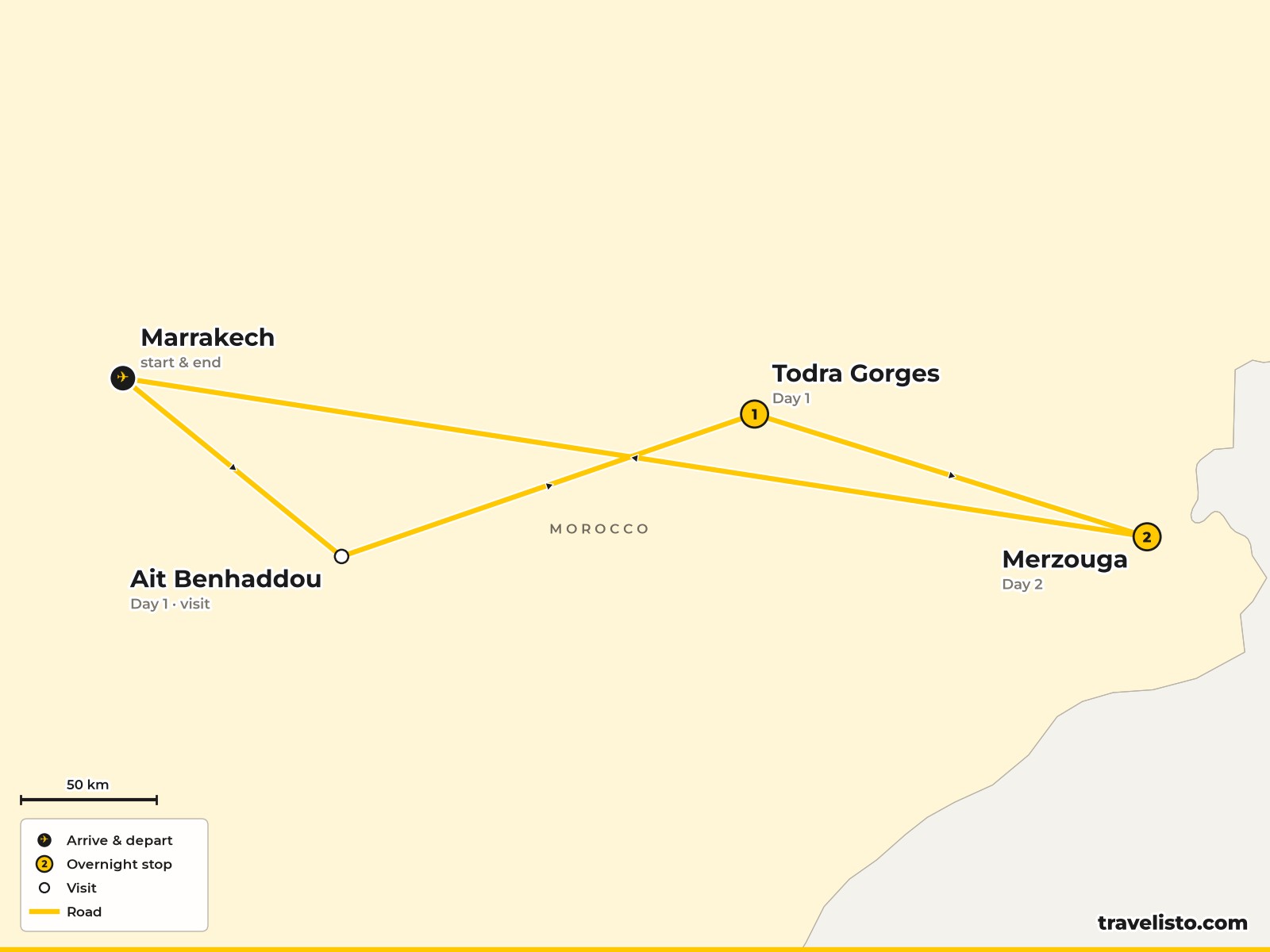 Map of the 3-day trip from Marrakech to the Todra Gorges and Erg Chebbi