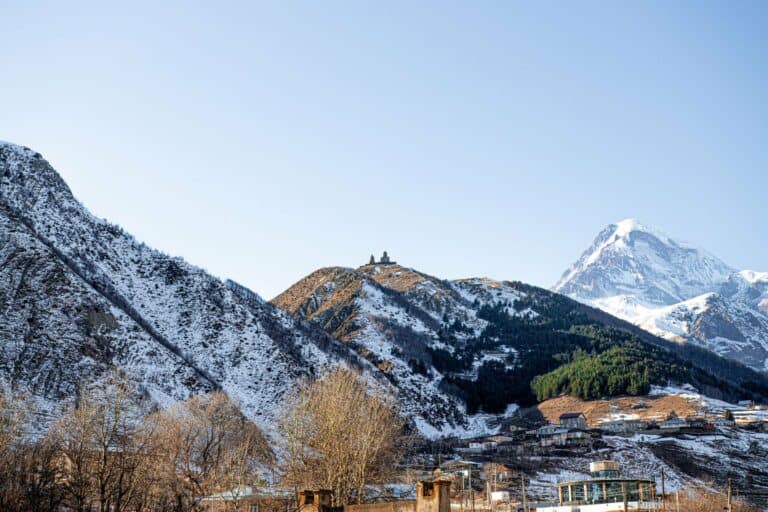 Snow-capped Mount Kazbek above Gergeti Trinity Church