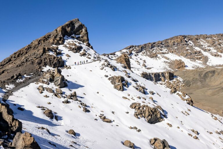 Climbers on the snowy upper slopes of Kilimanjaro