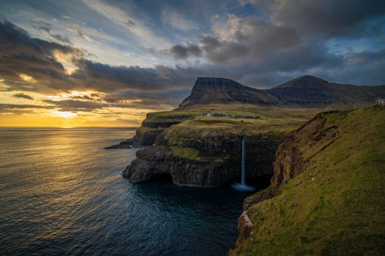 The Múlafossur waterfall at sunset