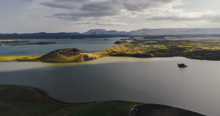 Lakes and volcanic land near Mývatn from above