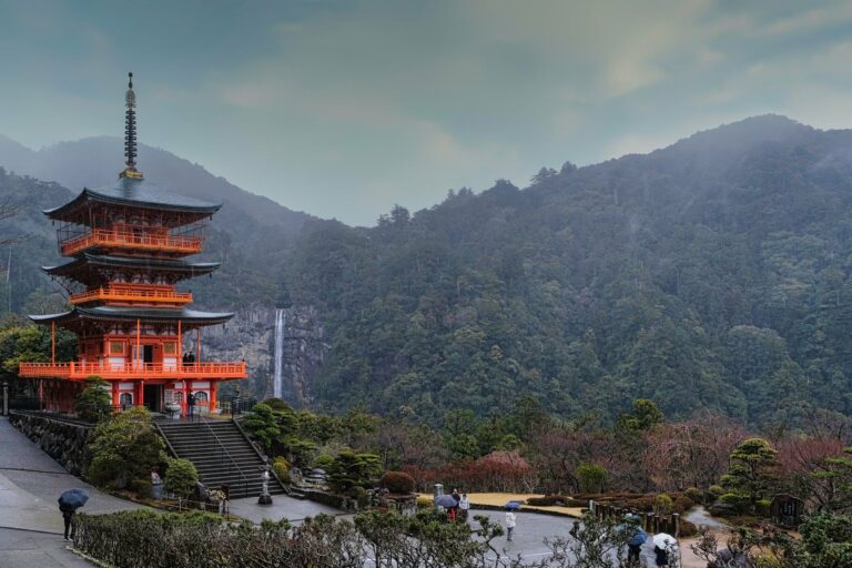 The Nachi pagoda with the waterfall behind
