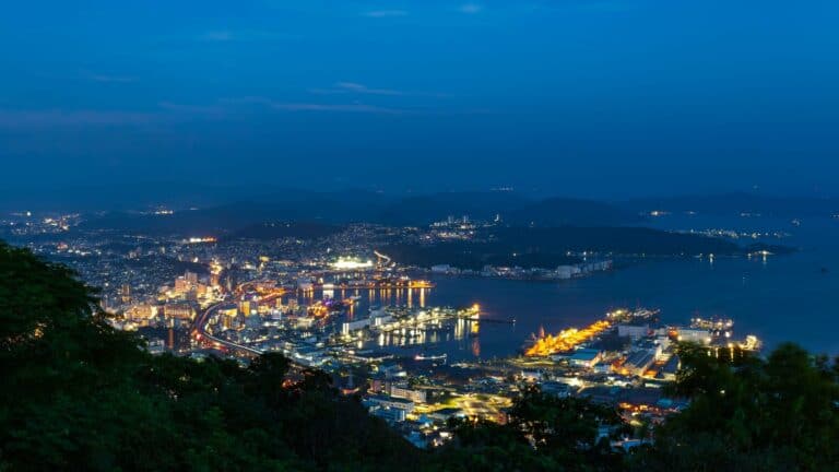 Nagasaki harbour lit up at night