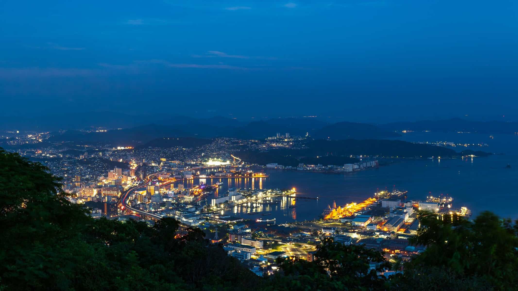 Nagasaki harbour lit up at night