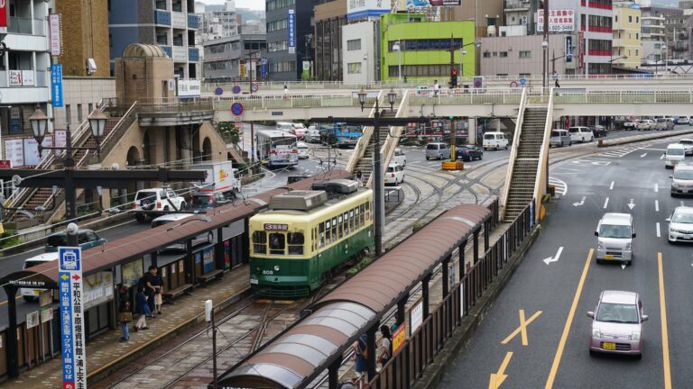 A tram on a street in Nagasaki