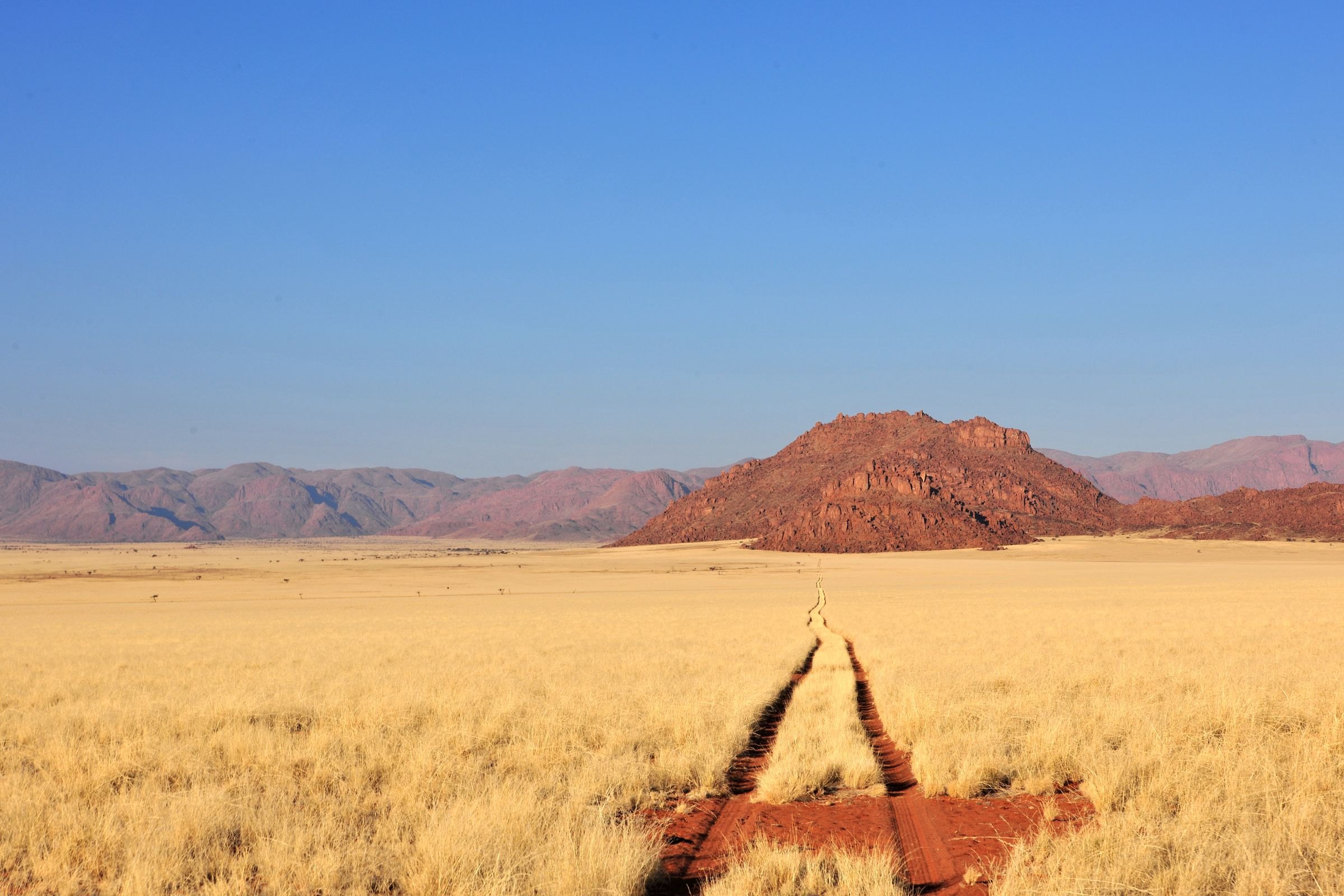 Golden grassland and mountains in Namibia