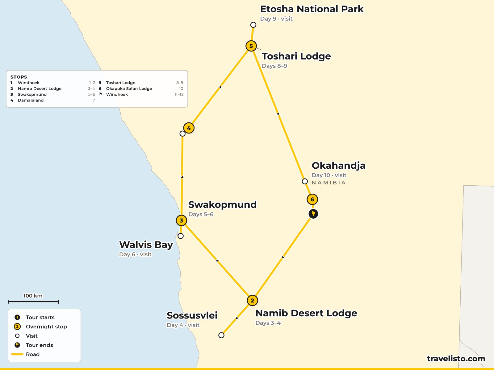Map of the 12-day route from Windhoek to the Namib Desert, Swakopmund, Damaraland and Etosha
