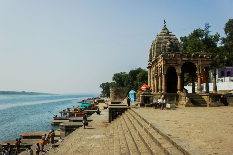 Ghats and a temple on the Narmada River