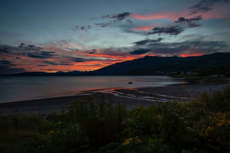 Sunset over the shore at Narvik, Norway