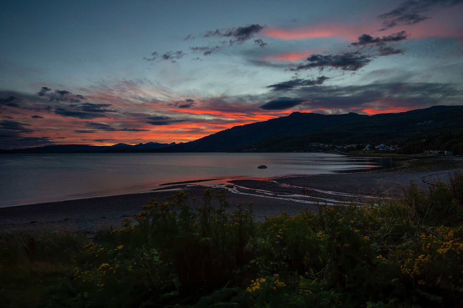 Sunset over the shore at Narvik, Norway