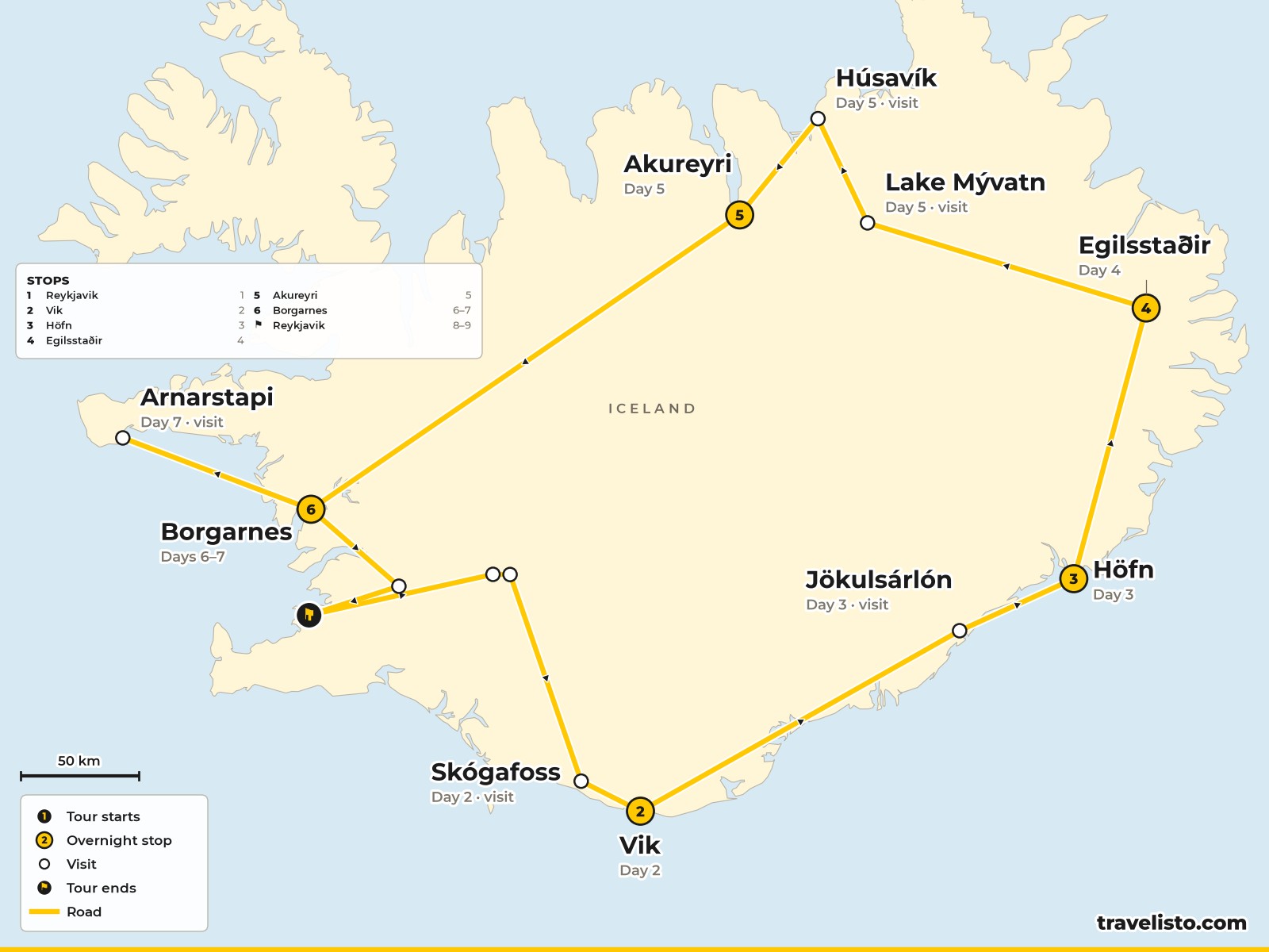 Map of the 9-day route around Iceland from Reykjavík via Vík, Höfn, Akureyri and Snæfellsnes
