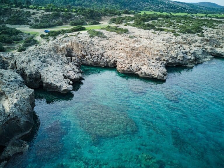 Rocky coastline and turquoise water near Neo Chorio on the Akamas Peninsula, Cyprus