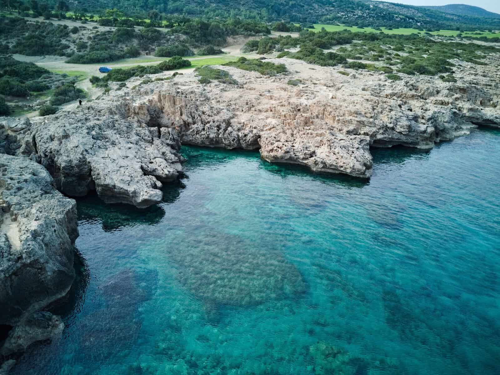 Rocky coastline and turquoise water near Neo Chorio on the Akamas Peninsula, Cyprus