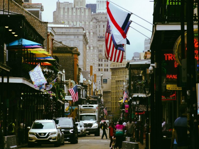 Flags over a street in New Orleans' French Quarter