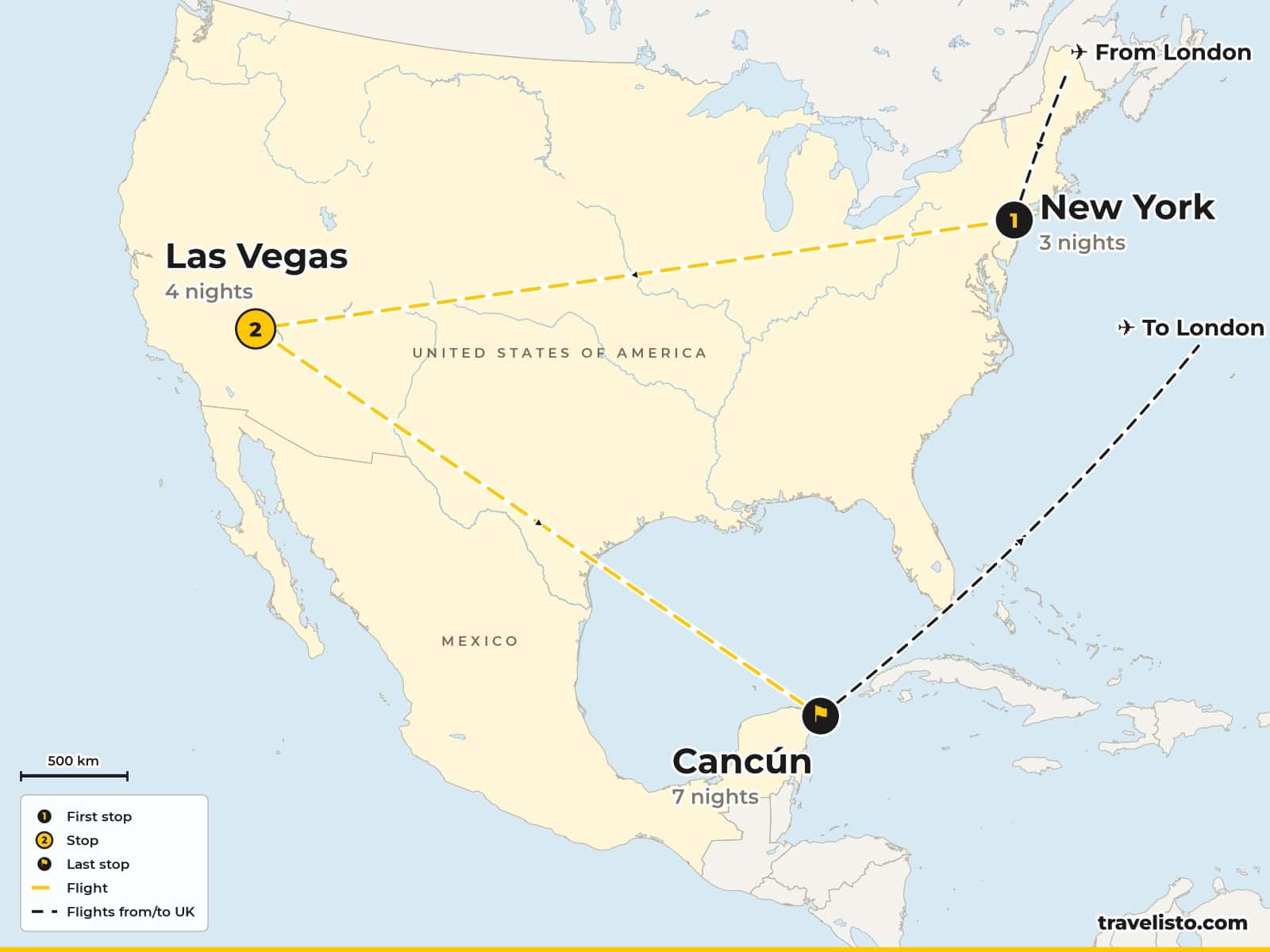 Route map: New York, Las Vegas & Cancún