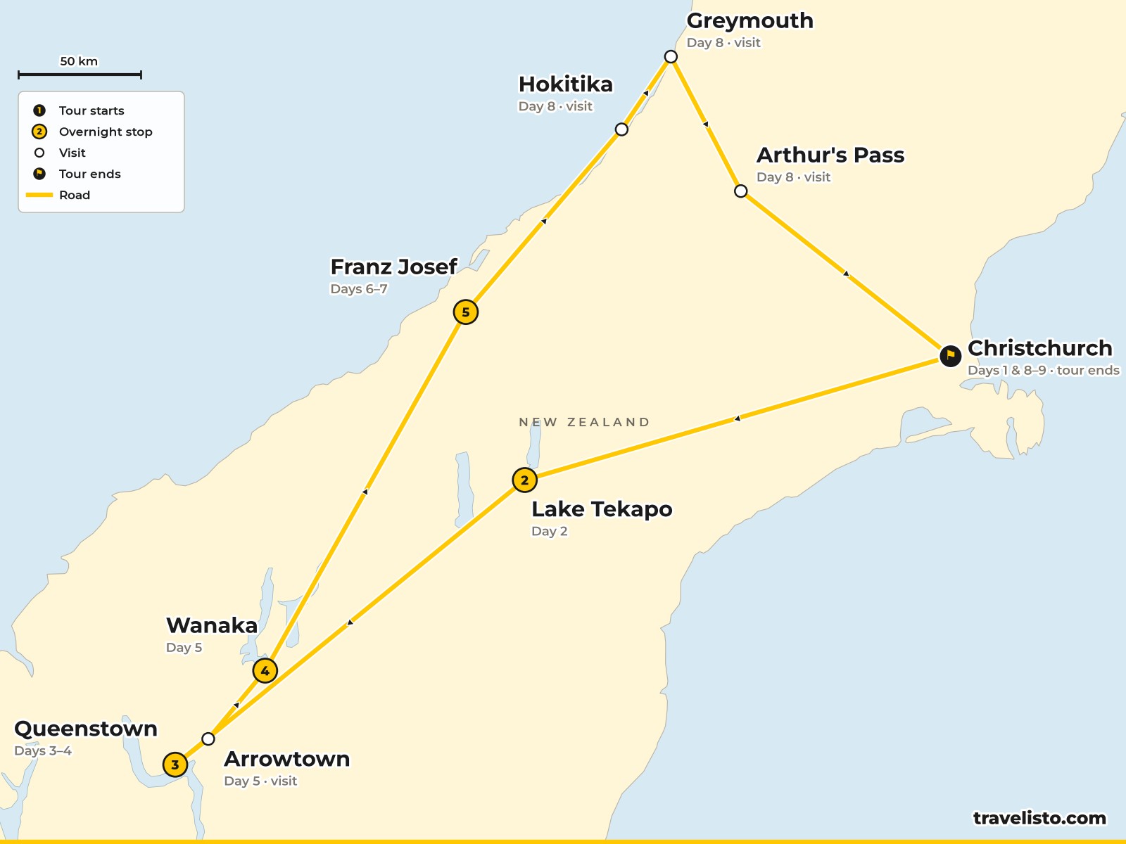 Map of the 9-day loop from Christchurch via Tekapo, Queenstown, Wanaka and Franz Josef