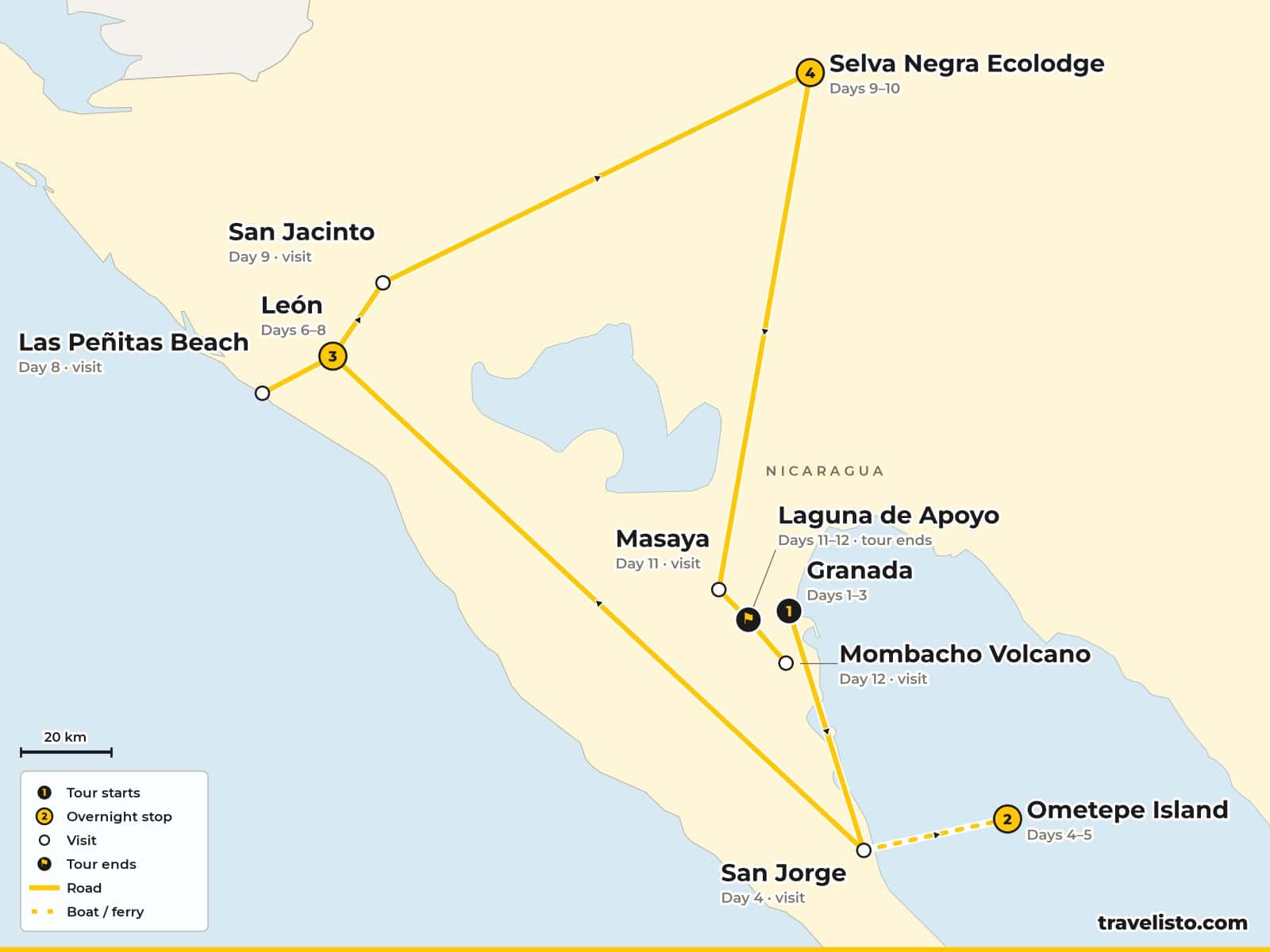 Map of the 13-day trip from Granada by ferry to Ometepe Island, then León, Las Peñitas, San Jacinto, Selva Negra, Masaya and Laguna de Apoyo