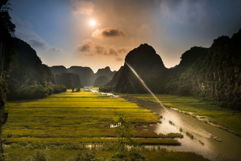 Sunset over rice fields and karsts in Ninh Binh