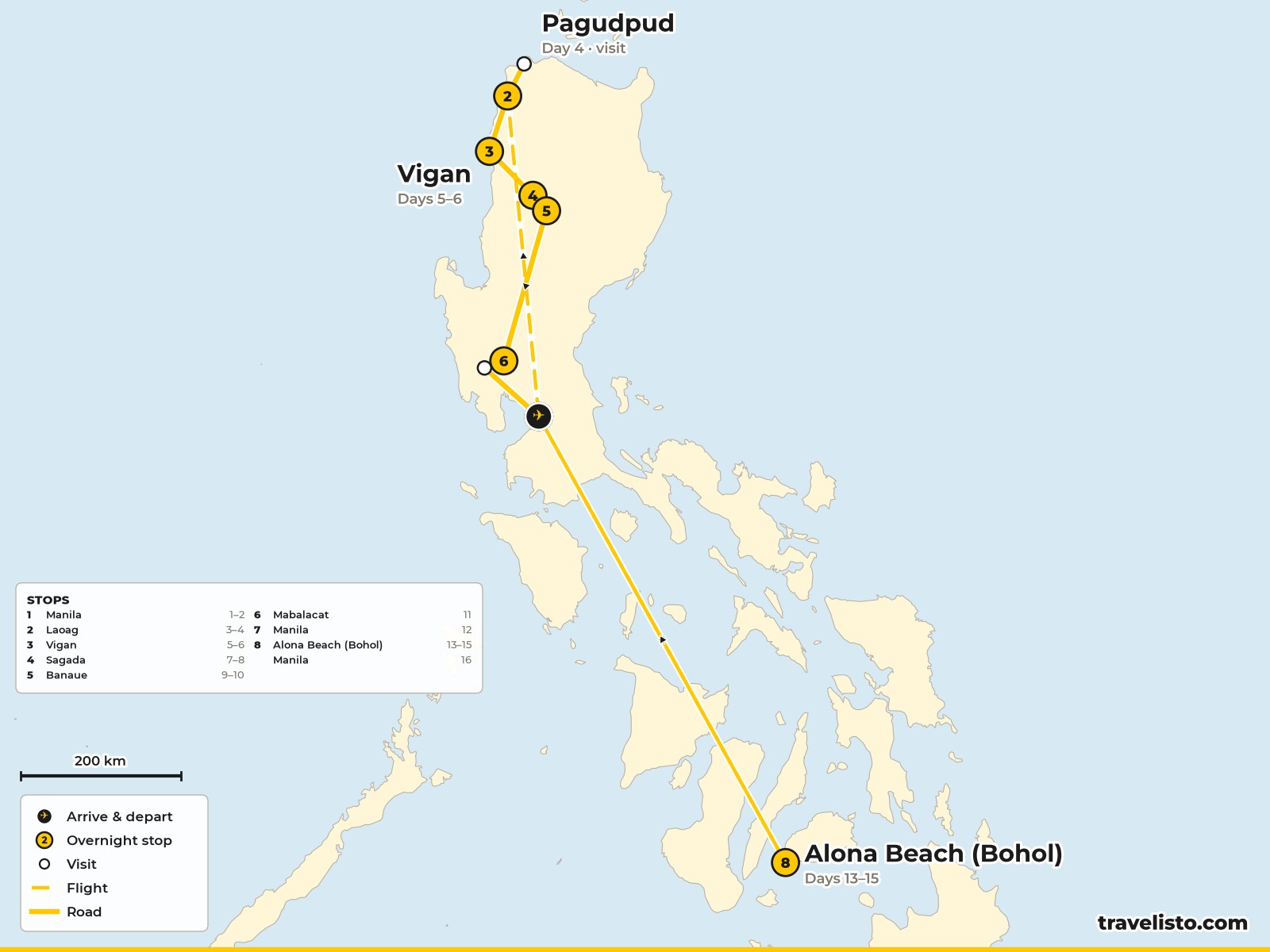 Map of the 16-day route from Manila to Laoag, Vigan, Sagada, Banaue, Mount Pinatubo and Bohol