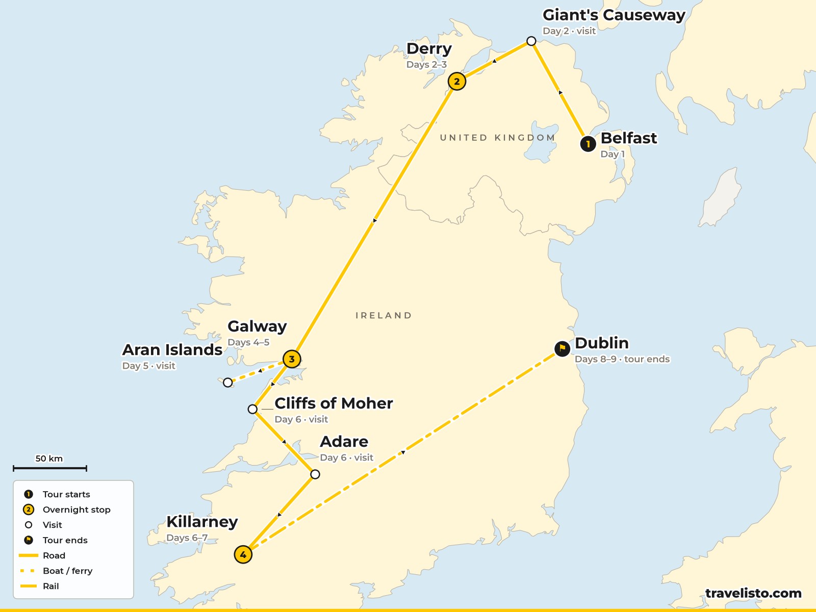 Map of the 9-day route from Belfast to Derry, Galway, Killarney and Dublin