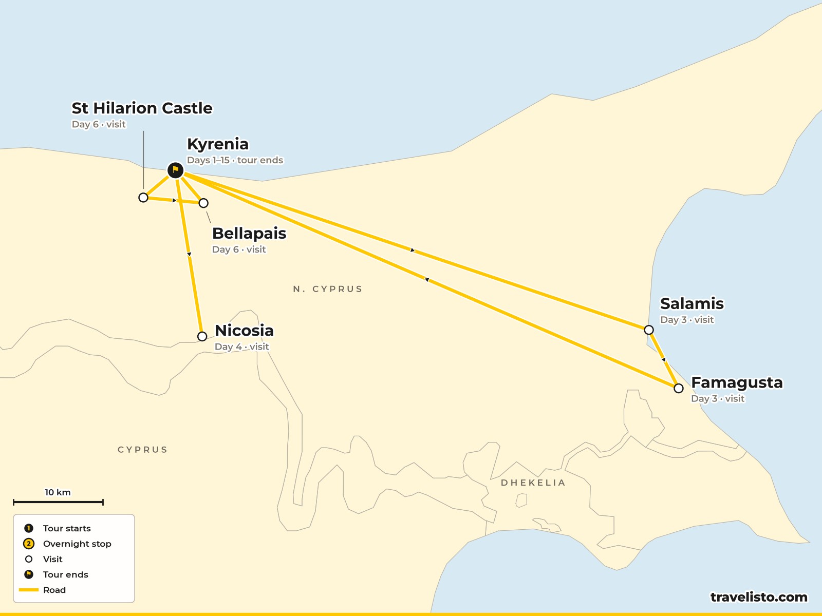 Map of the 15-day stay in Kyrenia with tours to Salamis, Famagusta and Nicosia