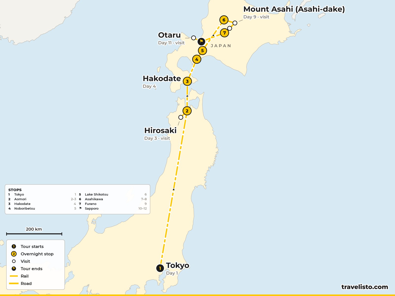 Map of the 12-day route from Tokyo to Aomori and around Hokkaido to Sapporo