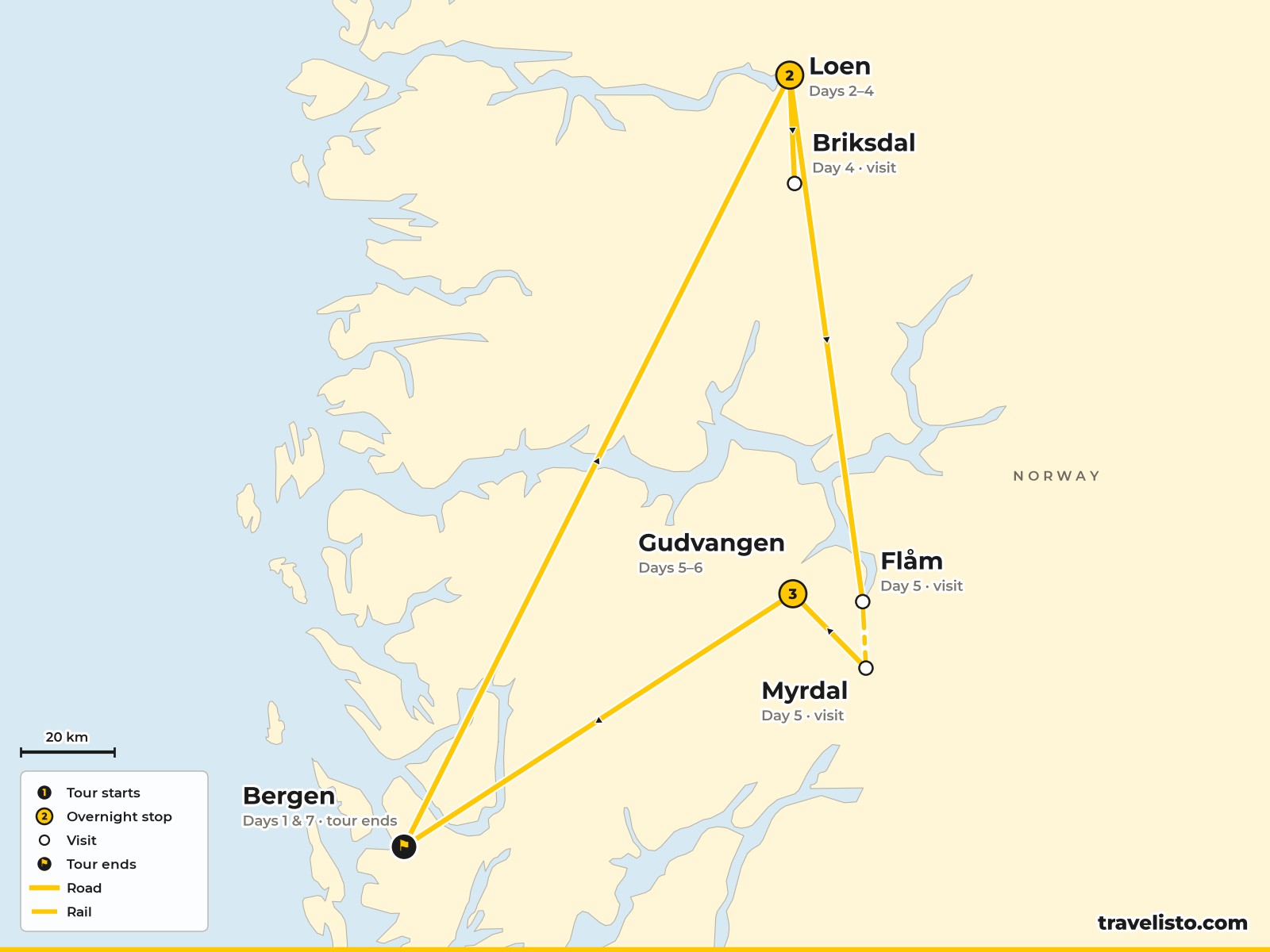 Map of the 7-day route from Bergen to Loen, Flåm and Gudvangen