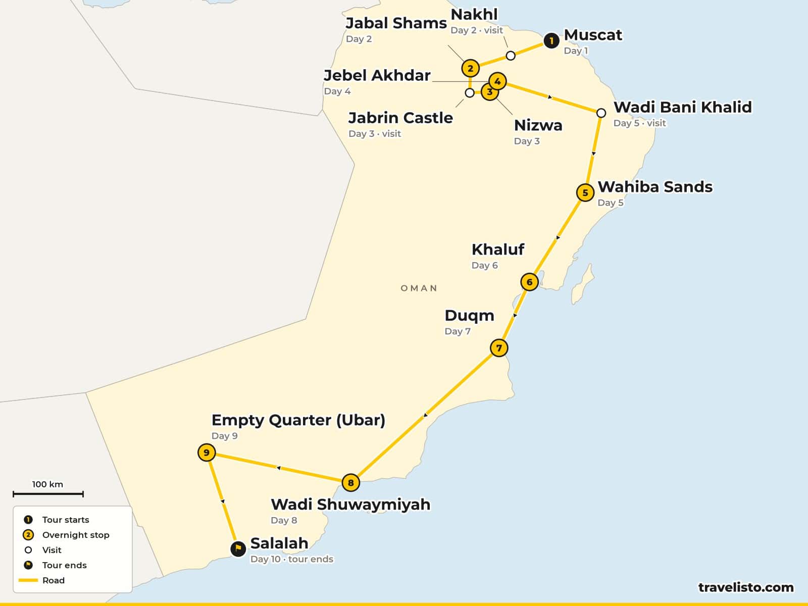 Map of the 11-day 4x4 trip from Muscat through the Hajar Mountains, Nizwa and the Wahiba Sands, down the coast to Duqm and through the Empty Quarter to Salalah