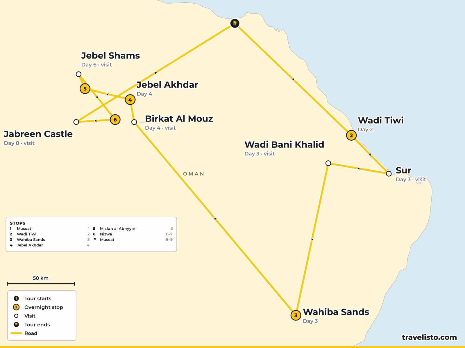 Map of the 9-day route from Muscat to Fins Beach, Sur, the Wahiba Sands, Jebel Akhdar, Jebel Shams, Nizwa and back