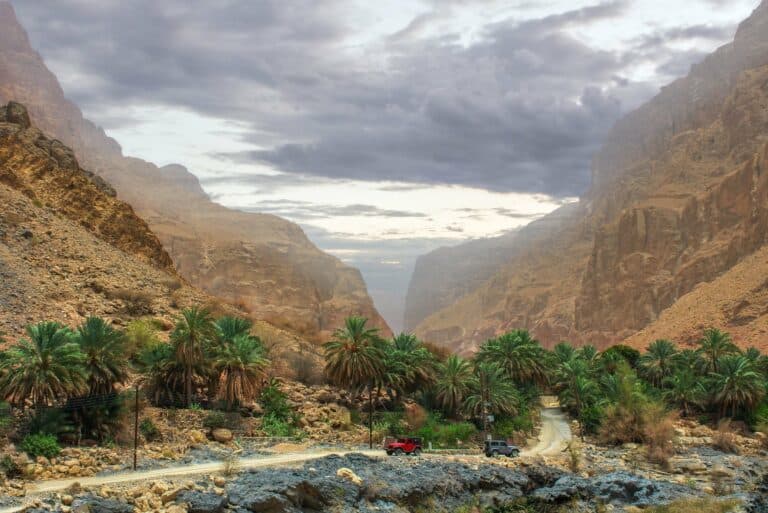 A palm-filled valley in the mountains of Oman