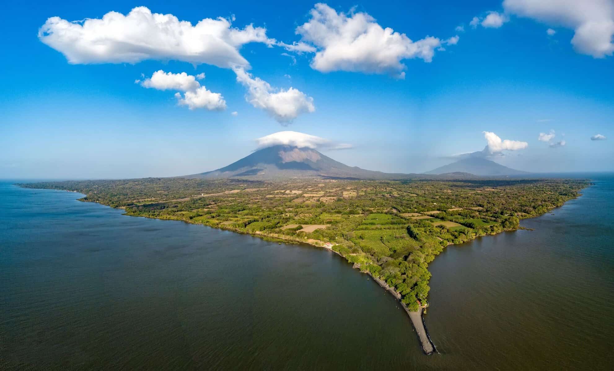 Aerial view of Ometepe Island and its volcano in Lake Nicaragua