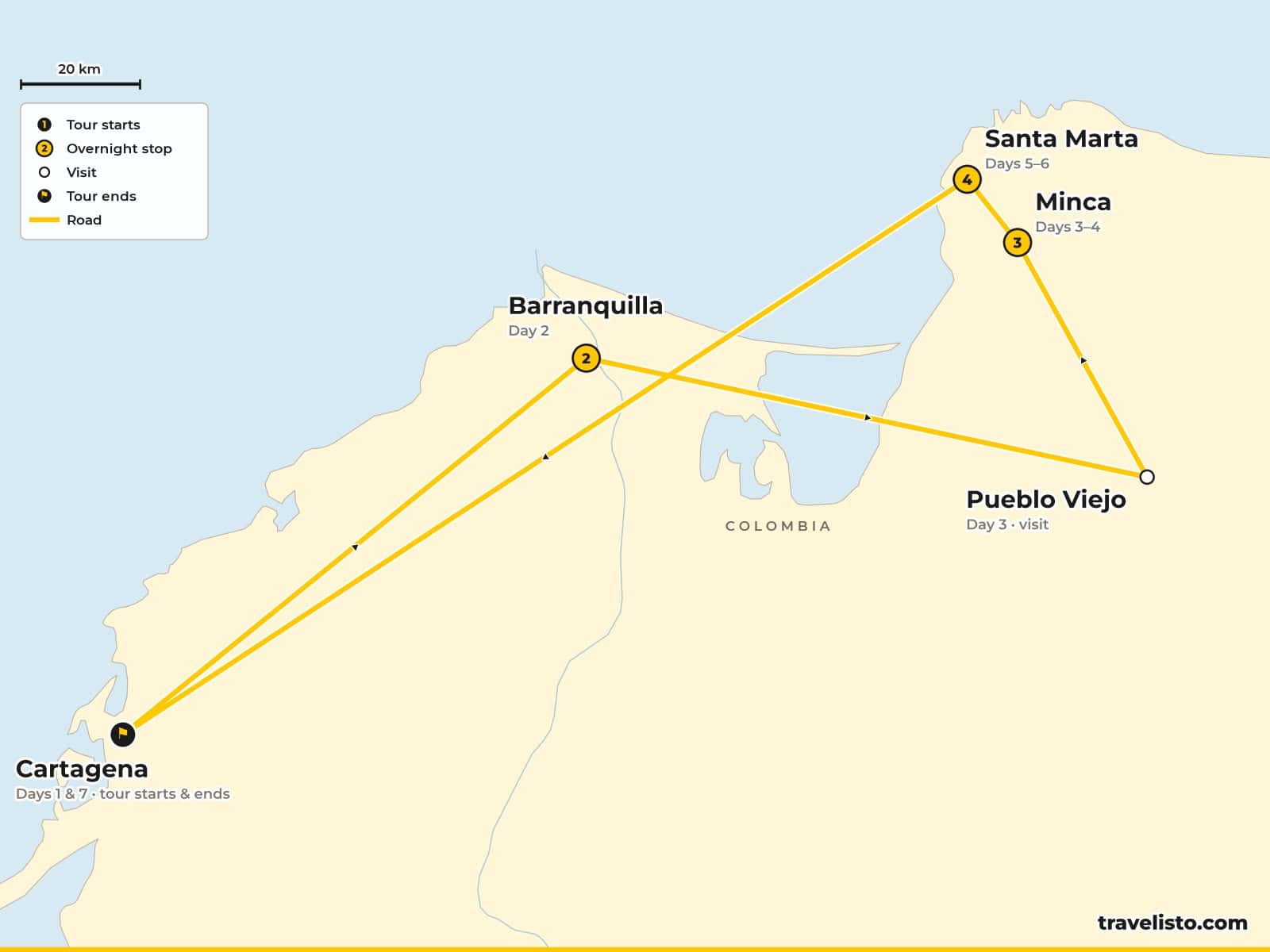 Map of the 8-day trip from Cartagena to Barranquilla, the Ciénaga Grande, Minca and Santa Marta, and back to Cartagena