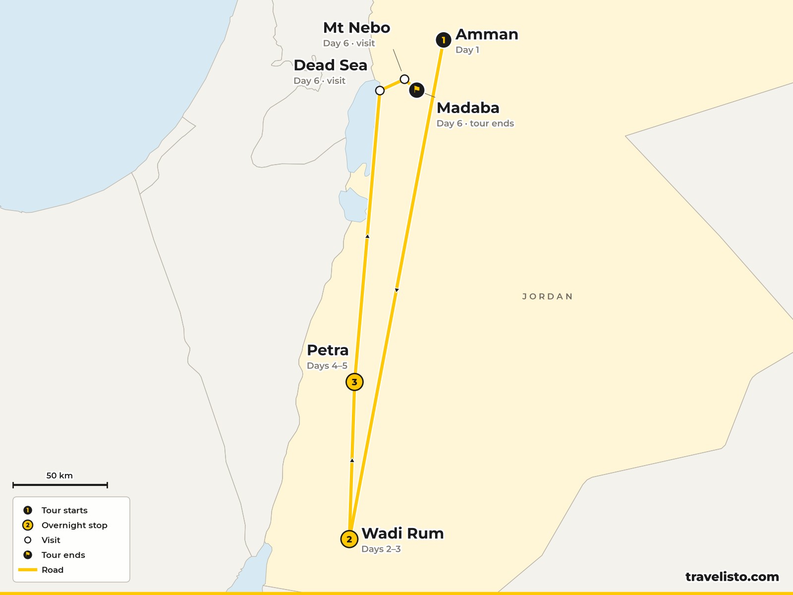 Map of the 7-day trip from Amman to Wadi Rum, Petra, the Dead Sea and Madaba