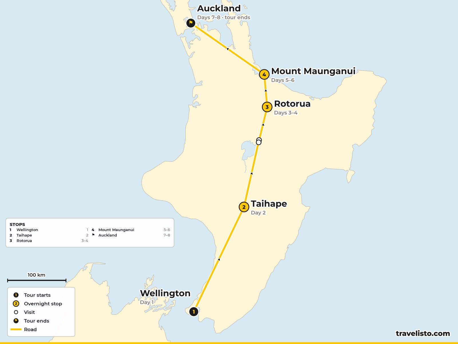 Map of the 8-day route from Wellington to Taihape, Rotorua, Mount Maunganui and Auckland