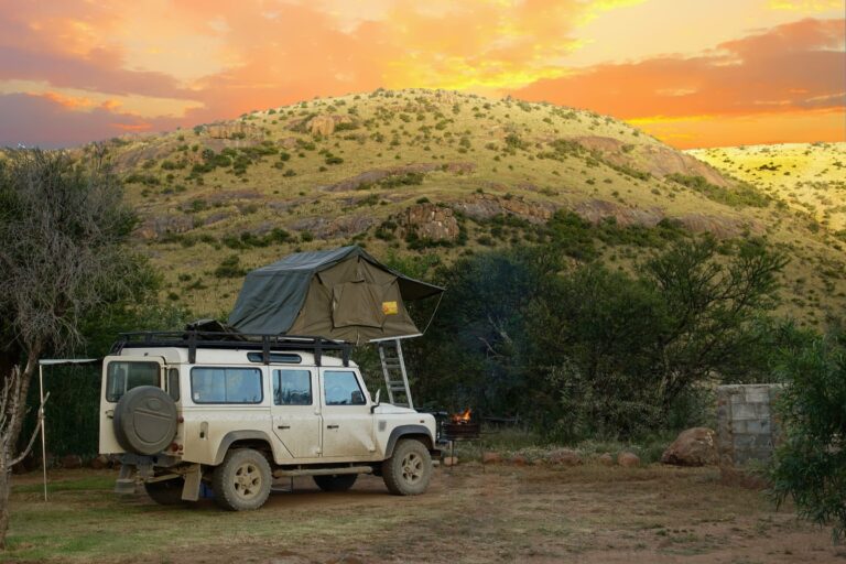 A 4x4 with a rooftop tent in the South African bush