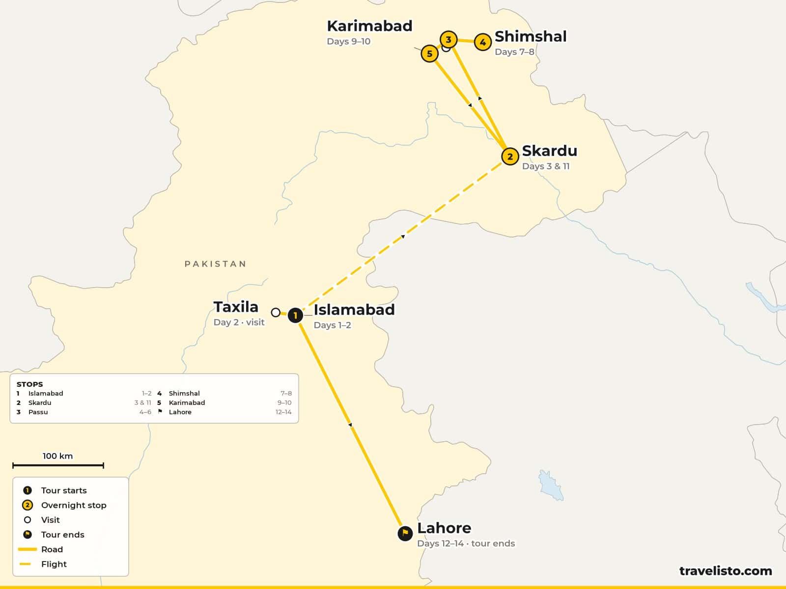 Map of the 15-day trip from Islamabad to Skardu, the Hunza Valley and Shimshal, then to Lahore