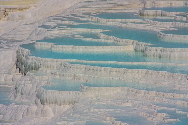 The white travertine terraces of Pamukkale, Turkey