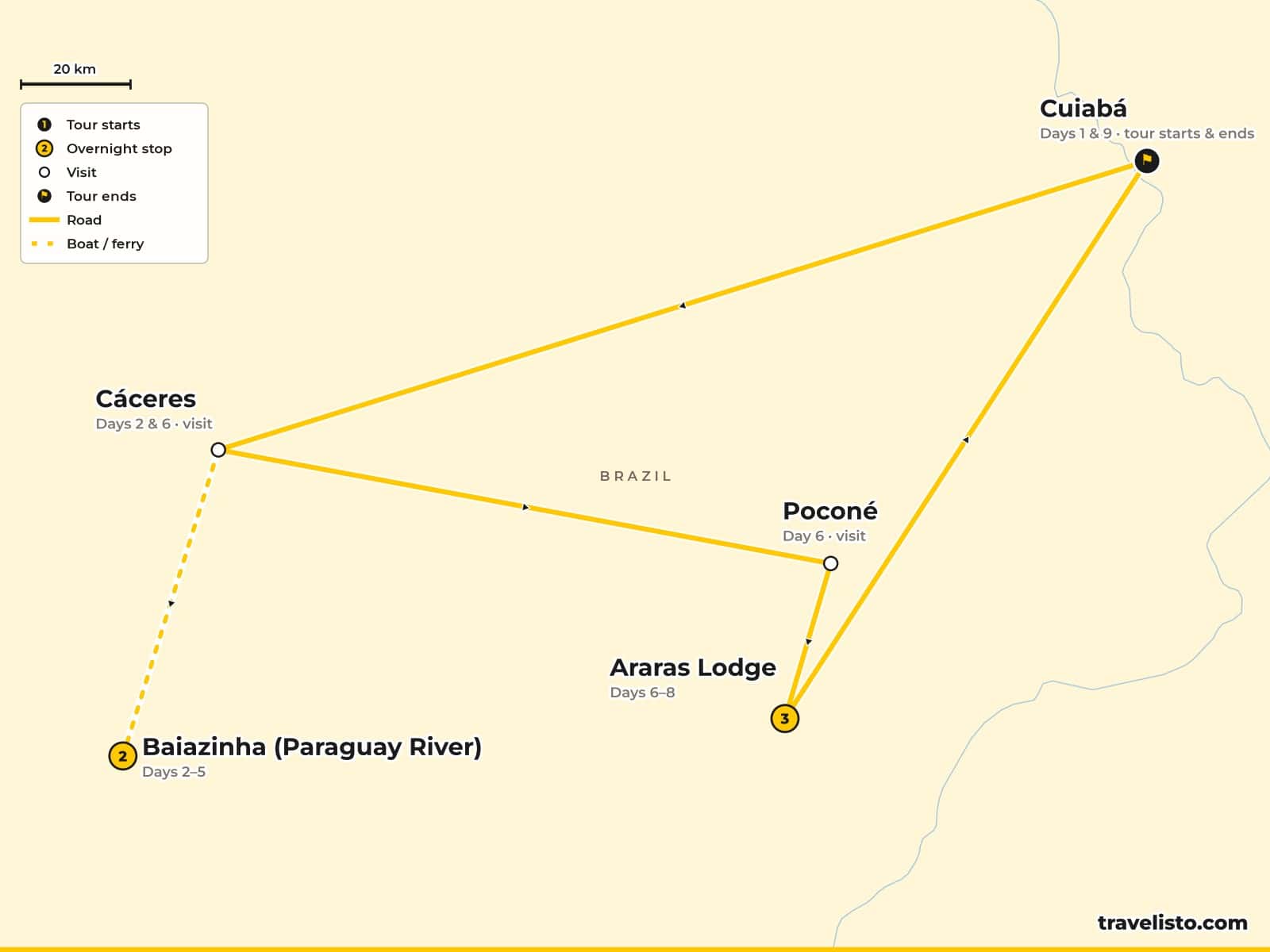 Map of the 9-day Pantanal safari from Cuiabá to the Paraguay River and Araras Lodge, returning to Cuiabá