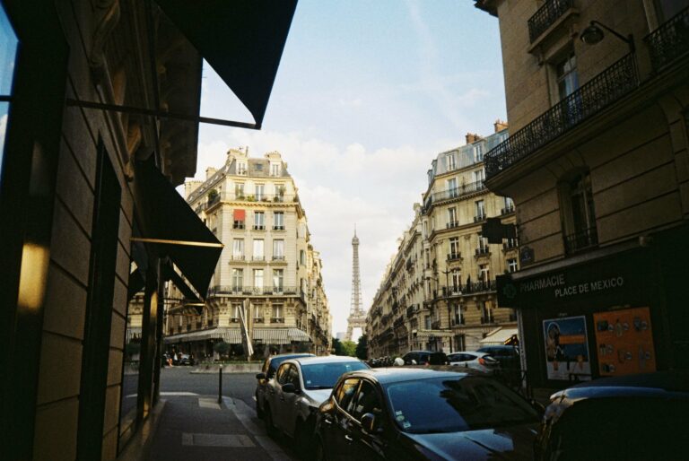 A Paris street with the Eiffel Tower