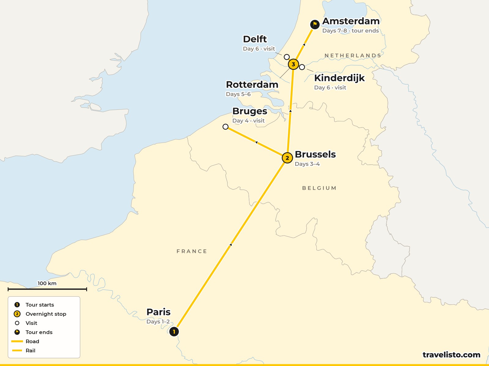 Map of the 8-day trip from Paris to Brussels, Bruges, Rotterdam, Delft and Amsterdam