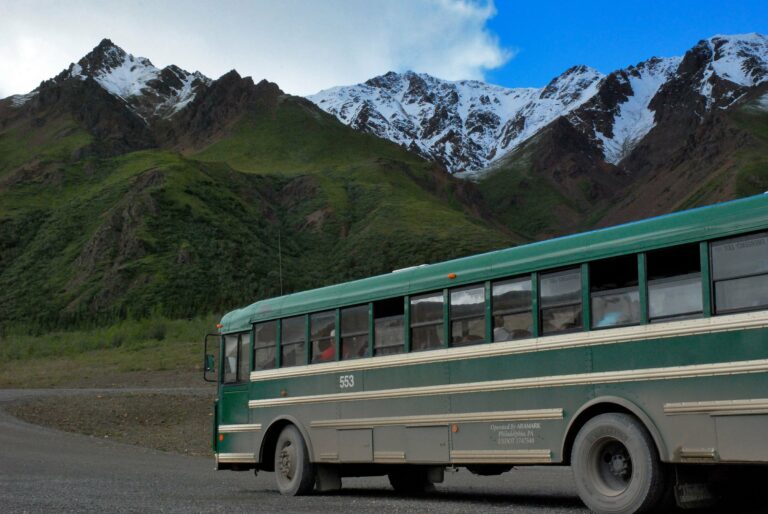A bus on the road into the mountains