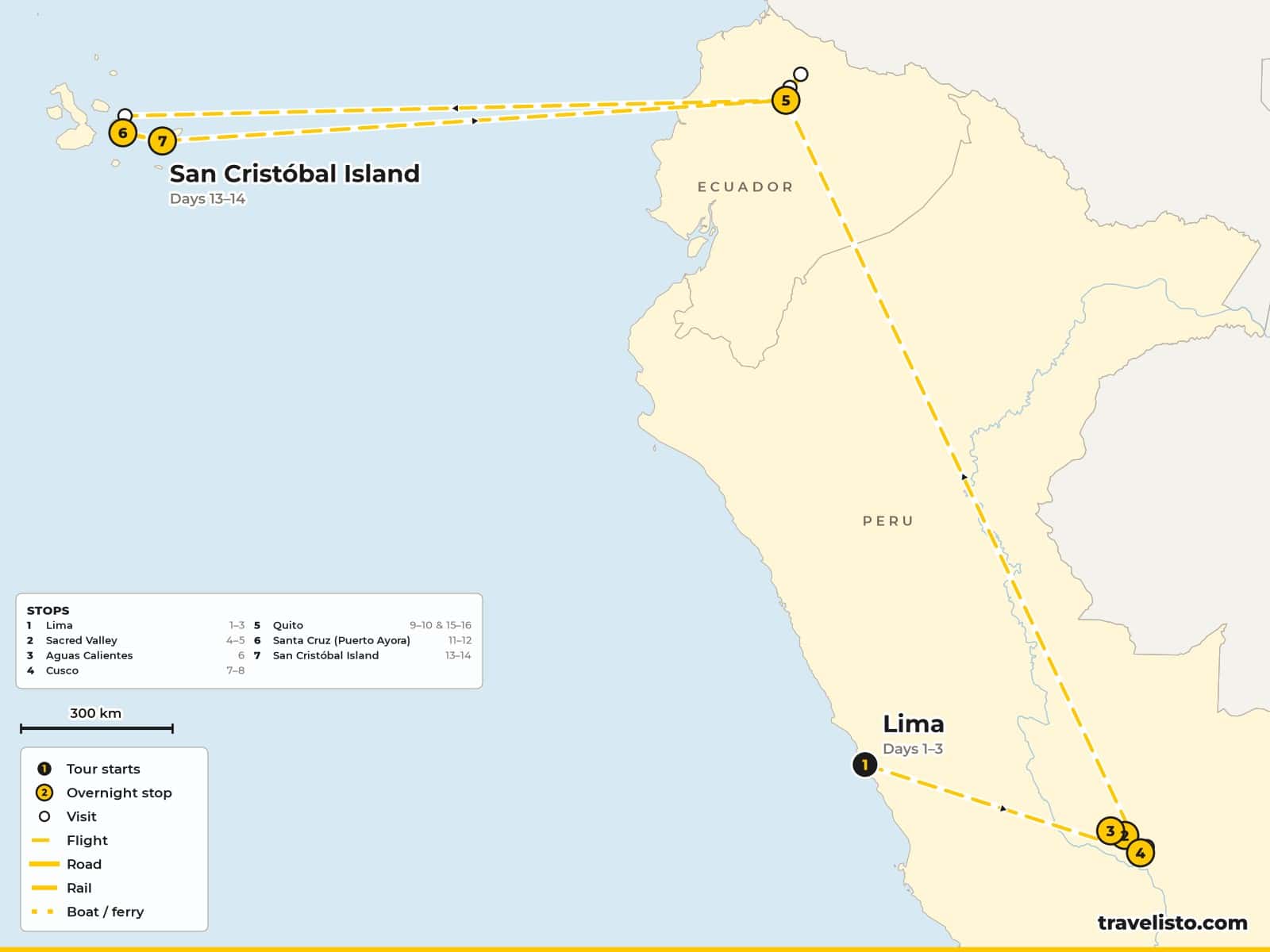 Map of the 17-day tour from Lima to Cusco, the Sacred Valley and Machu Picchu, then Quito and the Galápagos