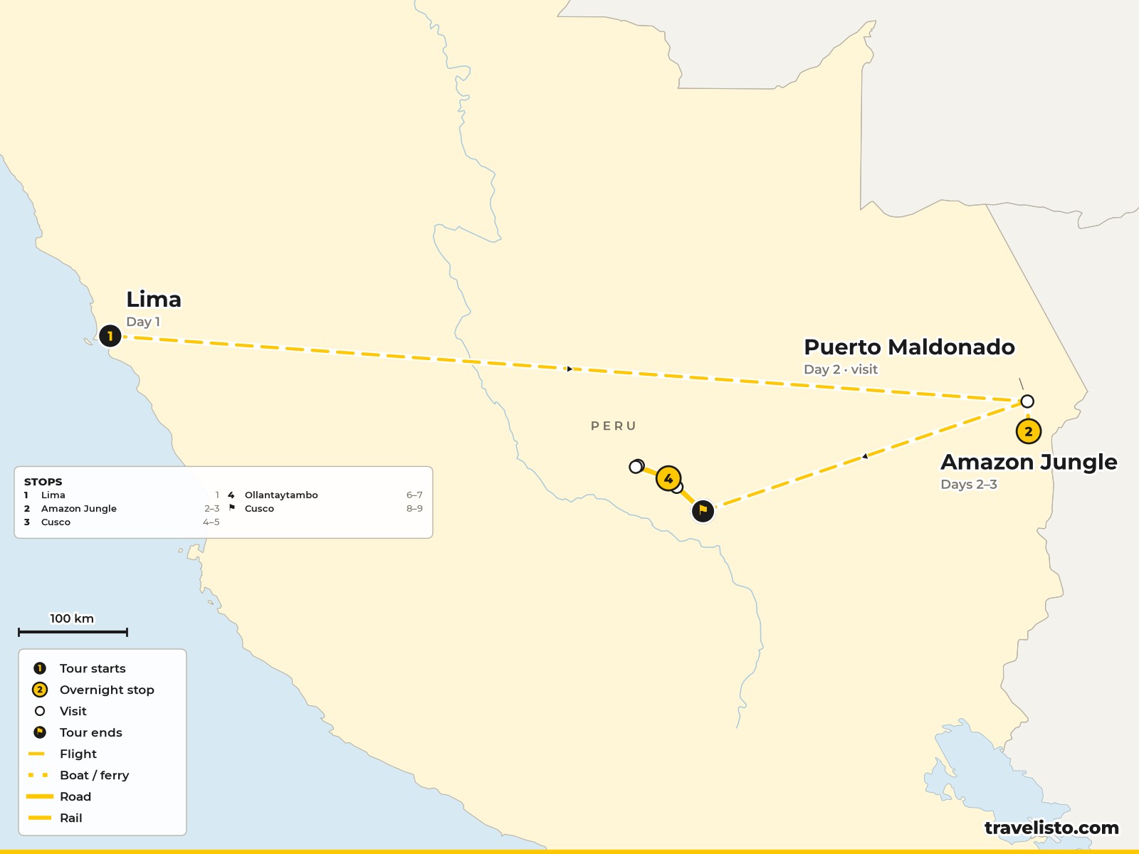 Map of the 9-day family route from Lima to the Amazon, Cusco, the Sacred Valley and Machu Picchu